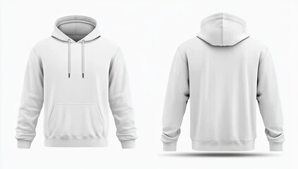 Blank white hoodie mockup. Front and back views, isolated on white background, showing detailed design elements