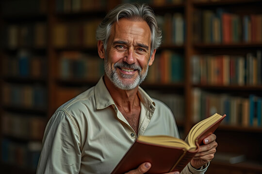 A wise old man, his face etched with character, sits in the heart of a vast library, bathed in the soft glow of knowledge. Smiling at the reader while he opens the antique book.