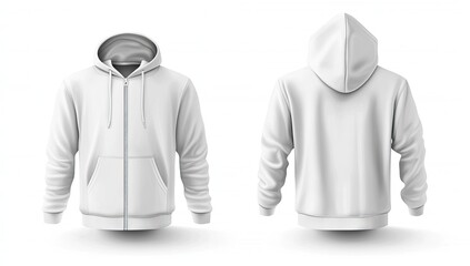 Blank white zip-up hoodie, front and back views