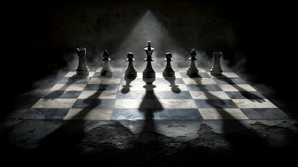 Chess Pieces on a Dark Chessboard with Dramatic Lighting