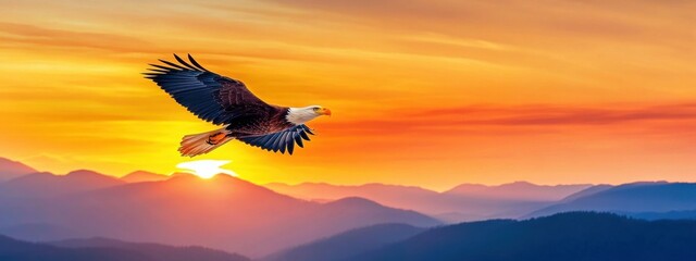 Fototapeta premium Bald eagle soaring over mountains during vibrant sunset sky