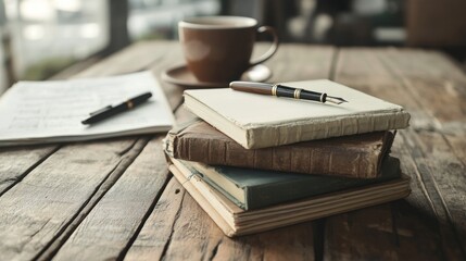 Naklejka premium Vintage Books Stacked on Wooden Table with Fountain Pen and Coffee Cup