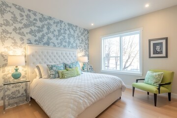 A cozy and modern bedroom with stylish furniture and decor