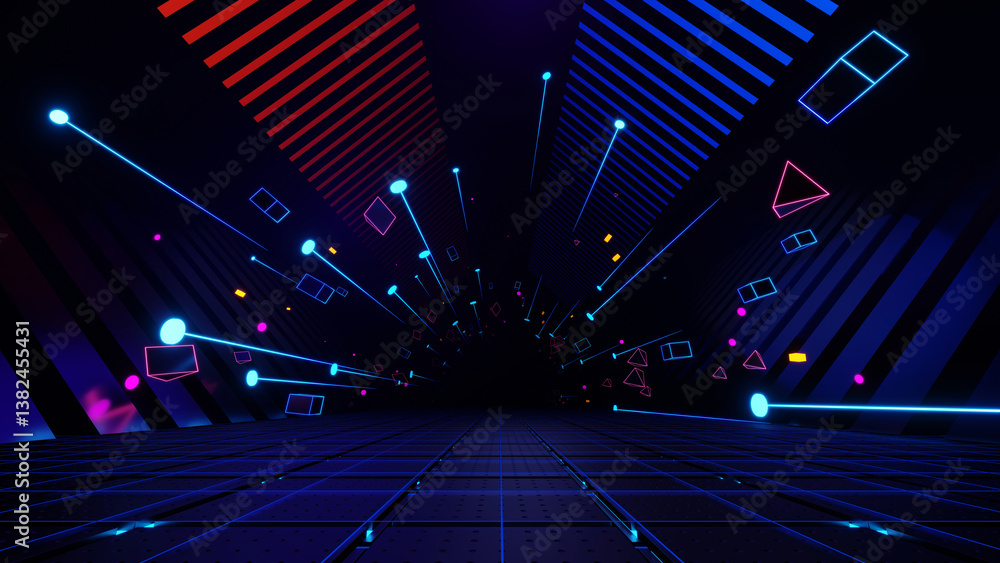 Poster 3d render, abstract neon glowing tunnel with blue and red stripes and floating geometric shapes back