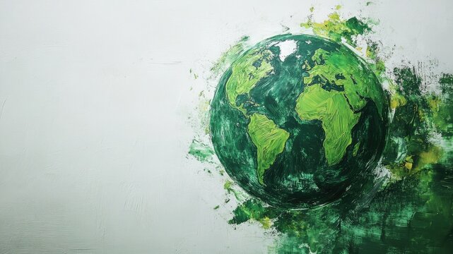 Futuristic Earth sketch with green paint stroke on white background. Textured greenery design for Earth Day, eco campaigns, and copy space projects.
