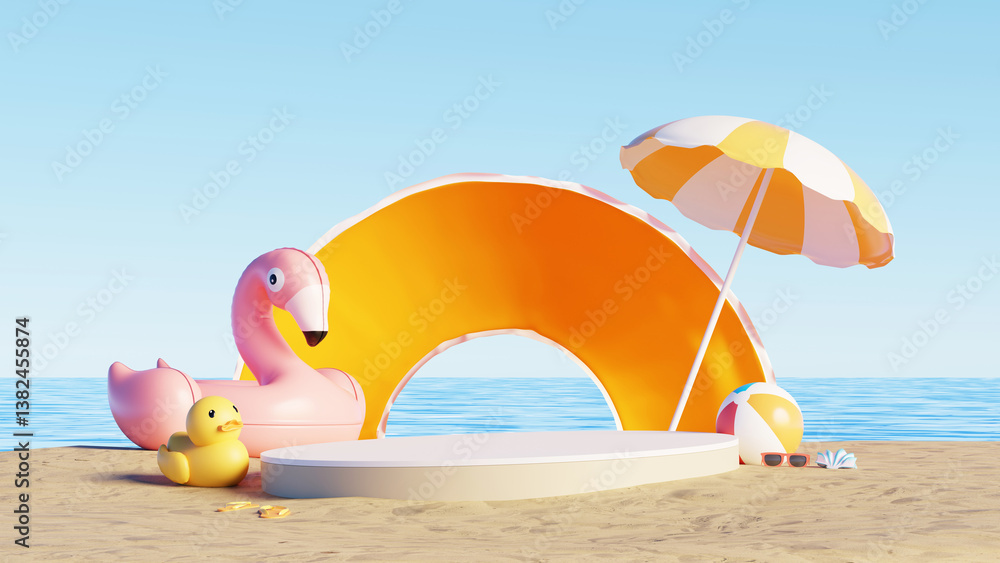 Aufkleber 3d render, summer beach scene with empty display podium for showing product, flamingo float, umbrell