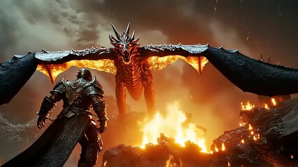 A fierce dragon confronts a knight amidst a volcanic landscape, showcasing an epic battle scene - Powered by Adobe