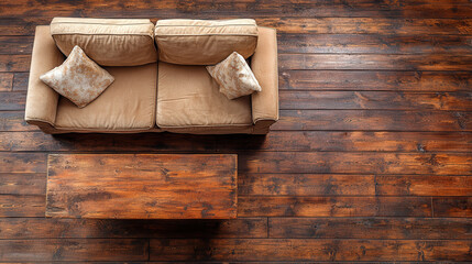 A cozy living room setup featuring a couch and a wooden coffee table on a rustic floor.