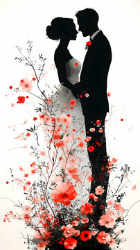 A couple in silhouette stands among vibrant red and pink blossoms on a white background radiating love and natures bea