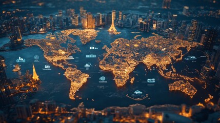 Obraz premium Global Network Illuminated Cities World Map Night Technology Innovation