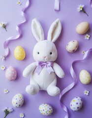 festive Easter plush bunny and pastel eggs on light purple background