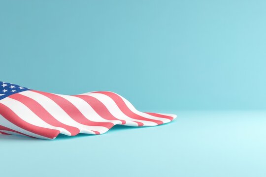Softly draped American flag on serene blue backdrop evokes patri