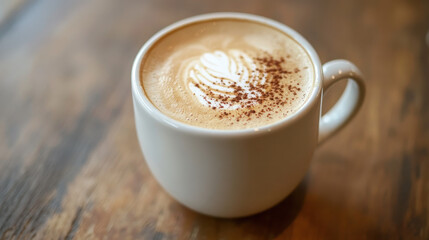 Obraz premium A creamy latte topped with cocoa powder in a white cup on a wooden table.