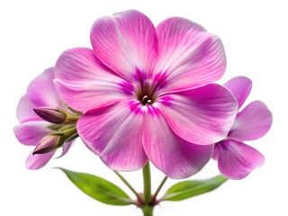 Fototapeta premium Delicate pink phlox blossoms, a breathtaking display of nature's gentle beauty, showcasing vibrant petals and lush green foliage against a pure white backdrop.