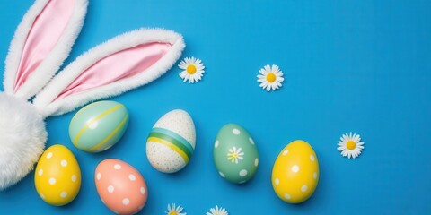 Overhead shot of pastel Easter eggs and fluffy bunny ears on solid blue background - cheerful spring holiday arrangement