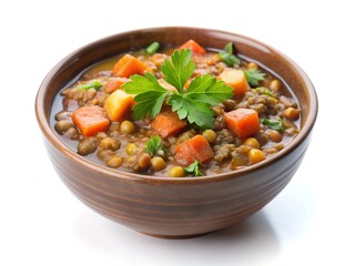 Hearty lentil stew, a warm and comforting bowl of vibrant vegetables and savory spices in a rustic brown bowl.