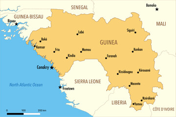 Vector Map of Guinea with Major Cities and Neighboring Countries – Editable Illustration