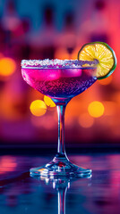 Prickly Pear Margarita Cocktail. Colorful drink with a lime slice on top is served in a martini glass. The drink is pink and has a bubbly texture, making it look refreshing and inviting