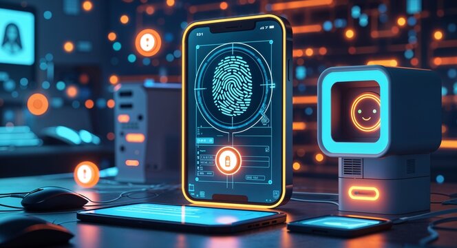 Biometric data collection with glowing fingerprints and facial recognition scanning devices anime cartoon style illustration artwork design background