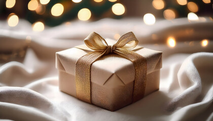 A beautifully wrapped gift box with a ribbon, set against a soft, illuminated background, evoking a festive and cozy atmosphere