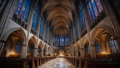 Fototapeta premium The Majestic Interior of a Gothic Cathedral: A Symphony in Stone and Light