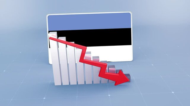 Estonia Country Flag and Bar Chart Graph Showing Decreasing Values a Red Arrow Economic Crisis Concept. Flag of the Estonia