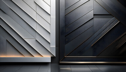 Obraz premium Modern textured wall panels in contrasting dark tones create a striking geometric design, showcasing depth and sophistication in interior decor