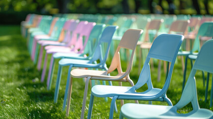 Obraz premium Rows of identical colored chairs placed outdoors on green grass. Ideal for events, conferences, ceremonies, organization, meetings and social gatherings