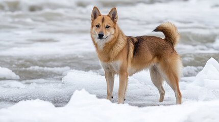 A dog standing on icy terrain, showcasing its fur and alert expression.