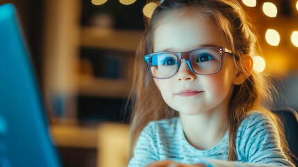 A kid girl learns online using futuristic technology. The concept of the integration of advanced digital tools in education, and learning experiences for the future generation. Generative AI.