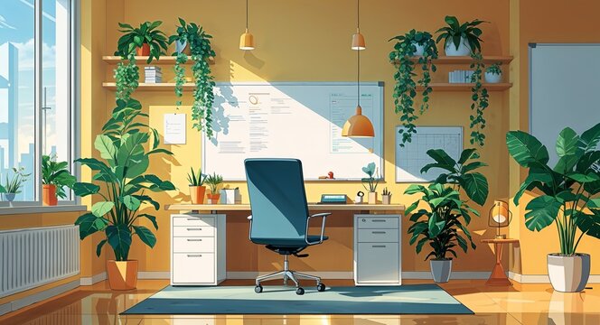 Bright office with modern furnishings plants and whiteboard on the wall anime cartoon style illustration artwork design background