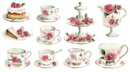 Watercolor illustration of British afternoon tea,tea break in the English style,tea set with Afternoon tea stand with macaroons and scone,cake,cup of tea,Tea time dessert table,vintage style.