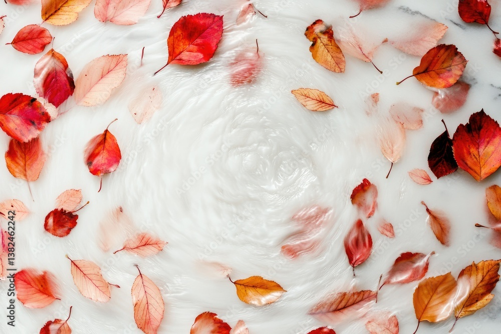 Poster autumn leaves floating on swirling white liquid, creating a serene and artistic image.