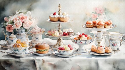 Naklejka premium Watercolor illustration of British afternoon tea,tea break in the English style,tea set with Afternoon tea stand with macaroons and scone,cake,cup of tea,Tea time dessert table,vintage style.