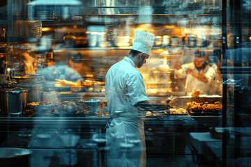 Professional chefs working in a high-end restaurant kitchen with steam rising from cooking pots, showcasing culinary excellence, teamwork, and modern gastronomy in action.