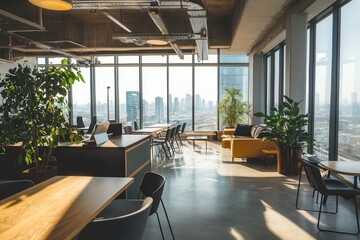 Fototapeta premium Modern office interior with city view and plants