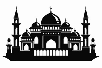 Flat Black Silhouette of Mosque with Crescent, Domes, Minarets on White
