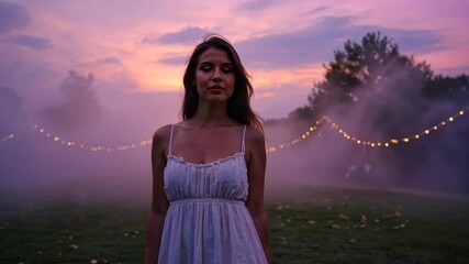 Woman in white dress standing in mist with string lights at sunset in outdoor garden setting - Powered by Adobe