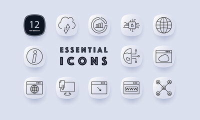 Fototapeta premium Technology set icon. Cloud, chart, chip, earth, info, digital split, browser, connection, upload, monitor, download, network, security, screen, www, interface, global tech, data access