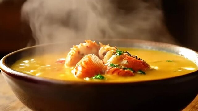 Serving Hot Crab Bisque in a Bowl with Steam Rising