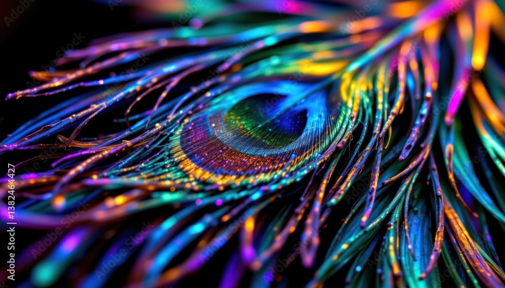 Poster iridescent feathers an illustration of peacock feathers displaying luminescent colors that shift wit