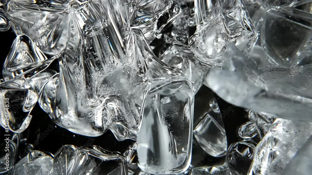 Poster Texture of clear ice cubes reflecting light with sharp edges and intricate shapes, showcasing how ice interacts with illumination