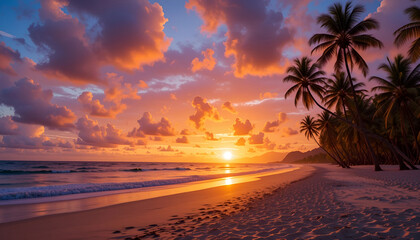 sunset on the beach with some palm trees in the background and some clouds