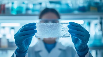 Scientist Holding Clear Synthetic Material in Laboratory with Blue Glowing Background