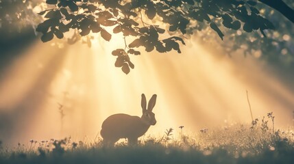 Silhouette of rabbit in sunbeams through trees