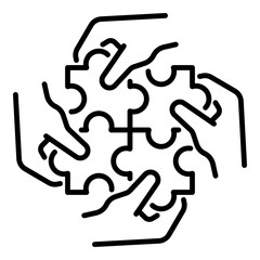 Teamwork icon with four hands holding puzzle pieces joined together. Symbolizes collaboration, unity, problem-solving, and collective effort.