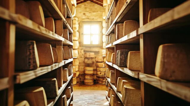 Cheese storage room filled with wheels and blocks of various types in a rustic setting during daylight
