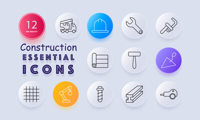 Construction set icon. Includes crane truck, helmet, wrench, pipe wrench, blueprint, hammer, trowel, steel bar grid, robotic arm, screw, beam, and roller machine