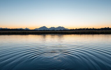Obraz premium Sunset Reflection on Calm Water with Distant