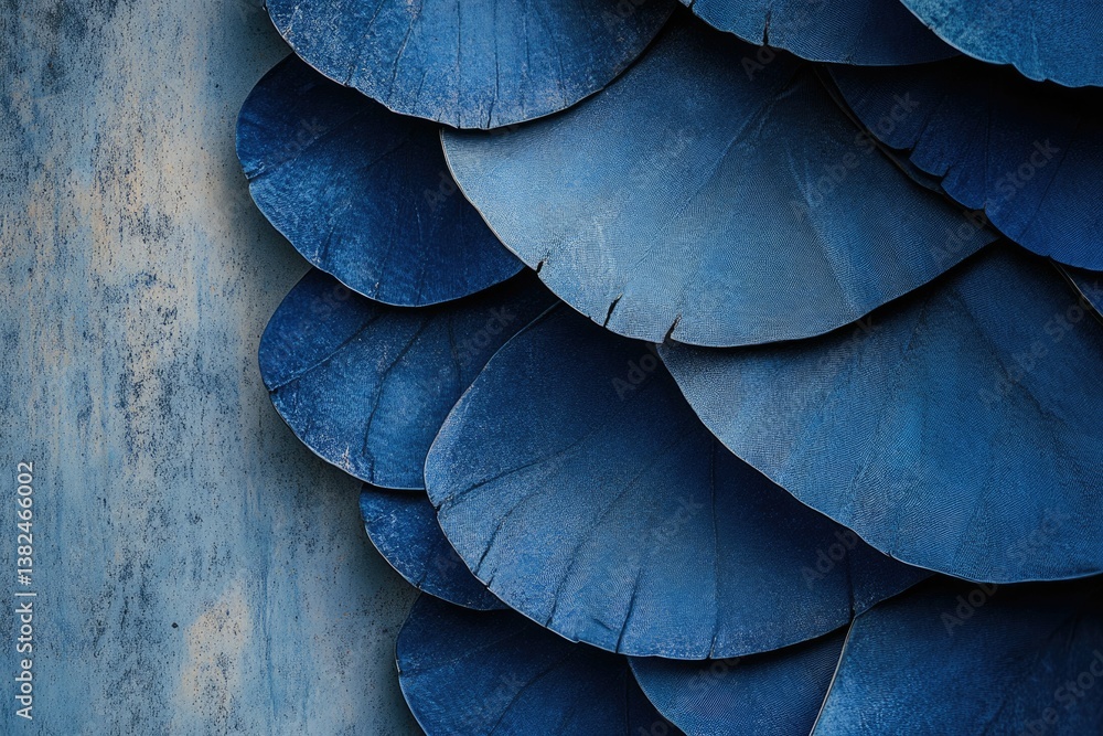 Poster intricate arrangement of deep blue, textured, overlapping elements, creating a visually striking pat